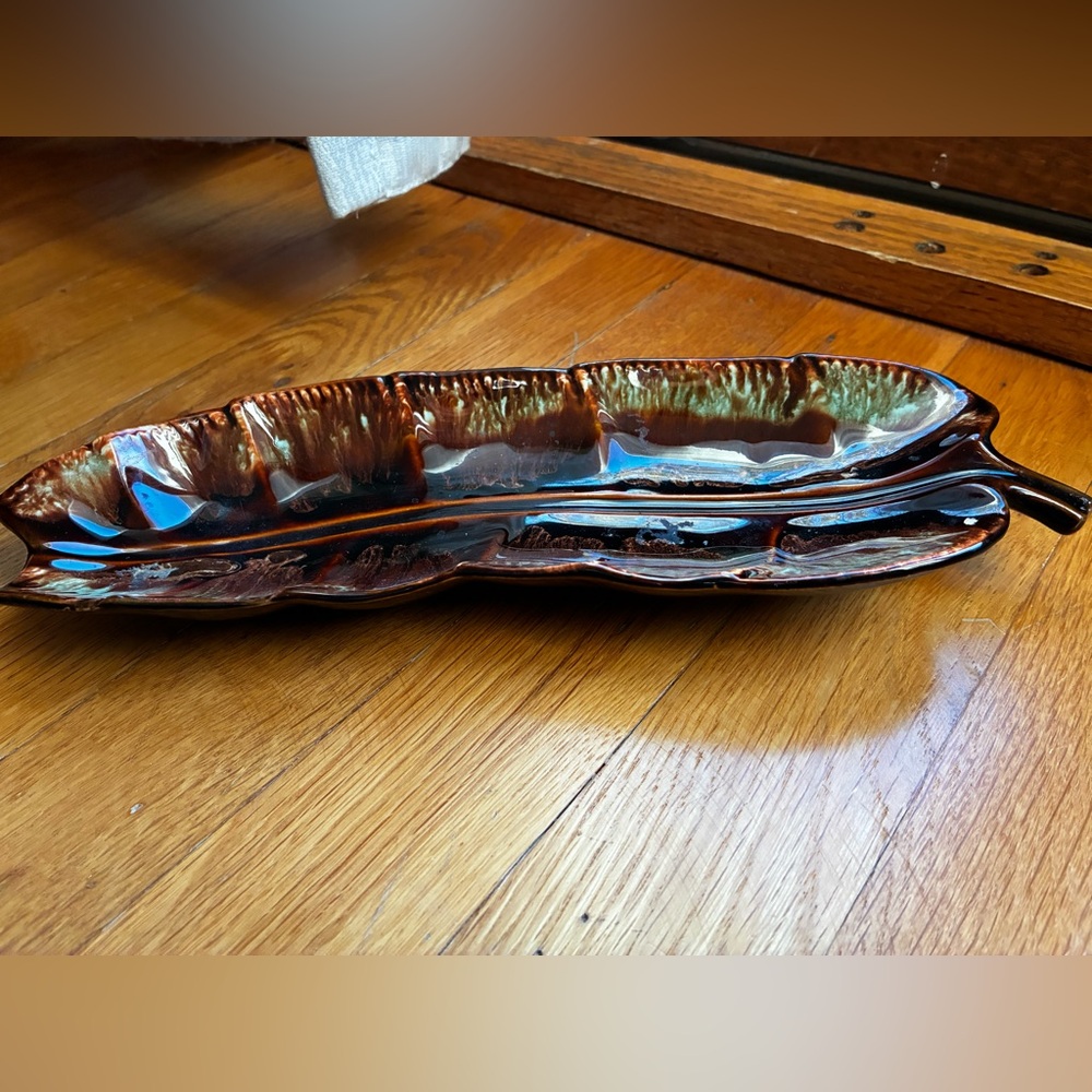 Mid-Century Drip Glaze Pottery Leaf Trinket Tray